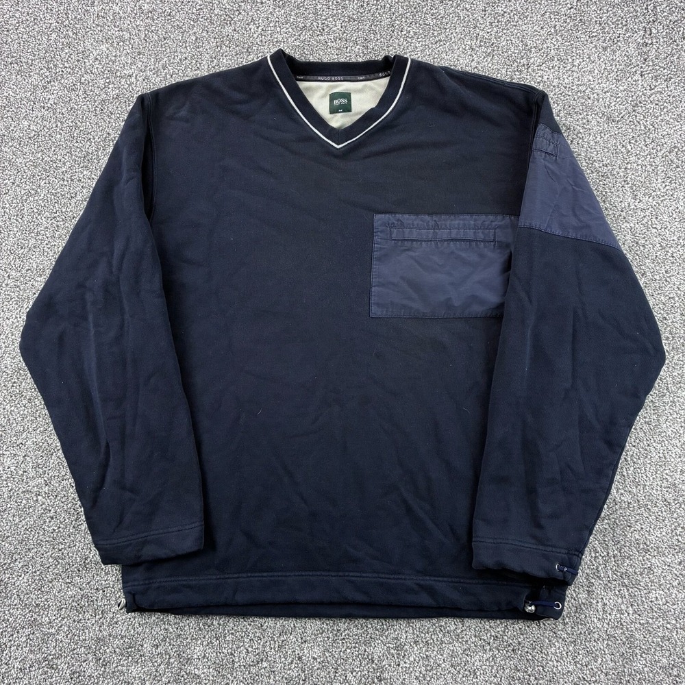 Hugo Boss Golf Sweater Mens Large‎ Navy Blue Long Sleeve V Neck Pullover Italy